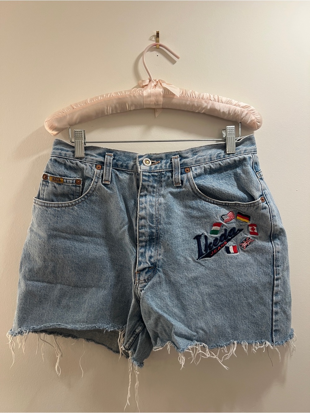 Vintage Ikeda Light Blue Denim Shorts with Embroidered Flags